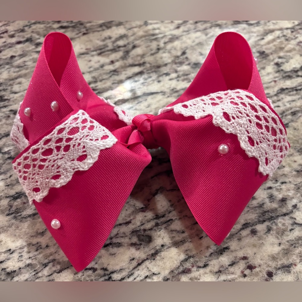Pink Hair Bow with Lace and Pearls